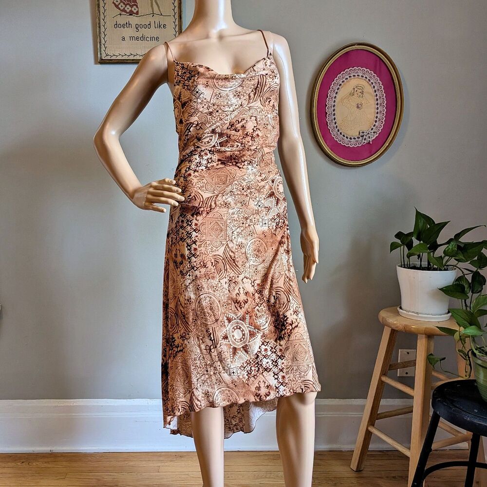 Vintage 90s Y2K City Triangles Midi Dress Ruching Tribal Print Cowl Size Large